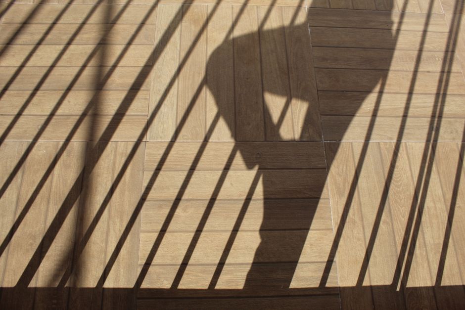 Diagonal sunbeam crossing a wooden studio floor