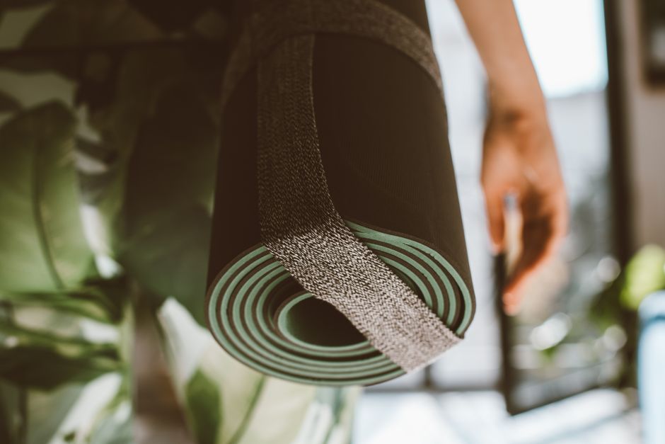 Close-up of a yoga mat warmed by morning sun